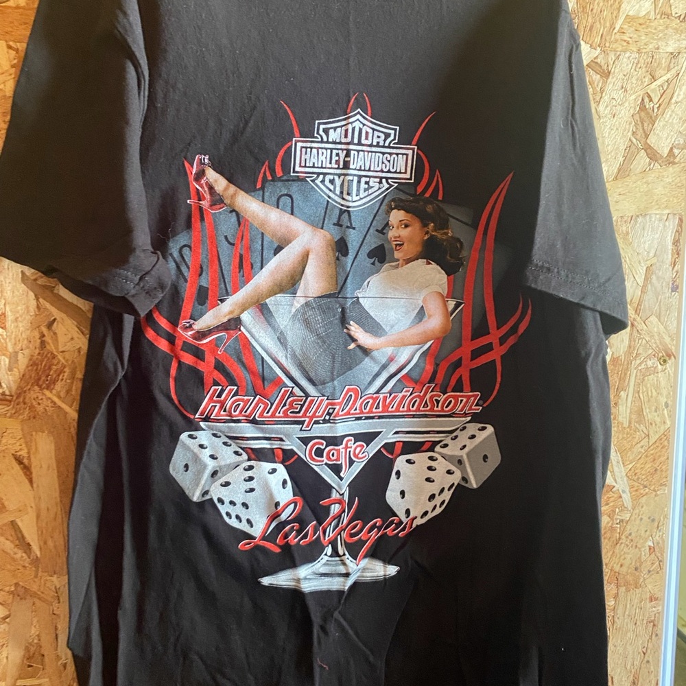 Harley-Davidson Black Short Sleeve Tee with Red & White Pinup Graphic